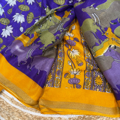 Purple Indian Casual wear Saree Kalamkari Printed Sari S143