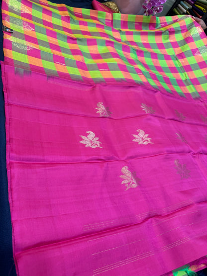 Checkered Kanchipuram Pure Silk Saree Multi Colour Kanjivaram Sari SPK424