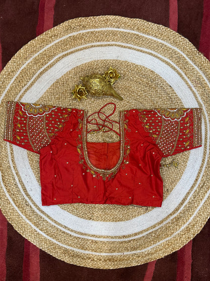 40” Size 10 Aari Worked Sari Blouse Indian Saree Top Silk Red B81