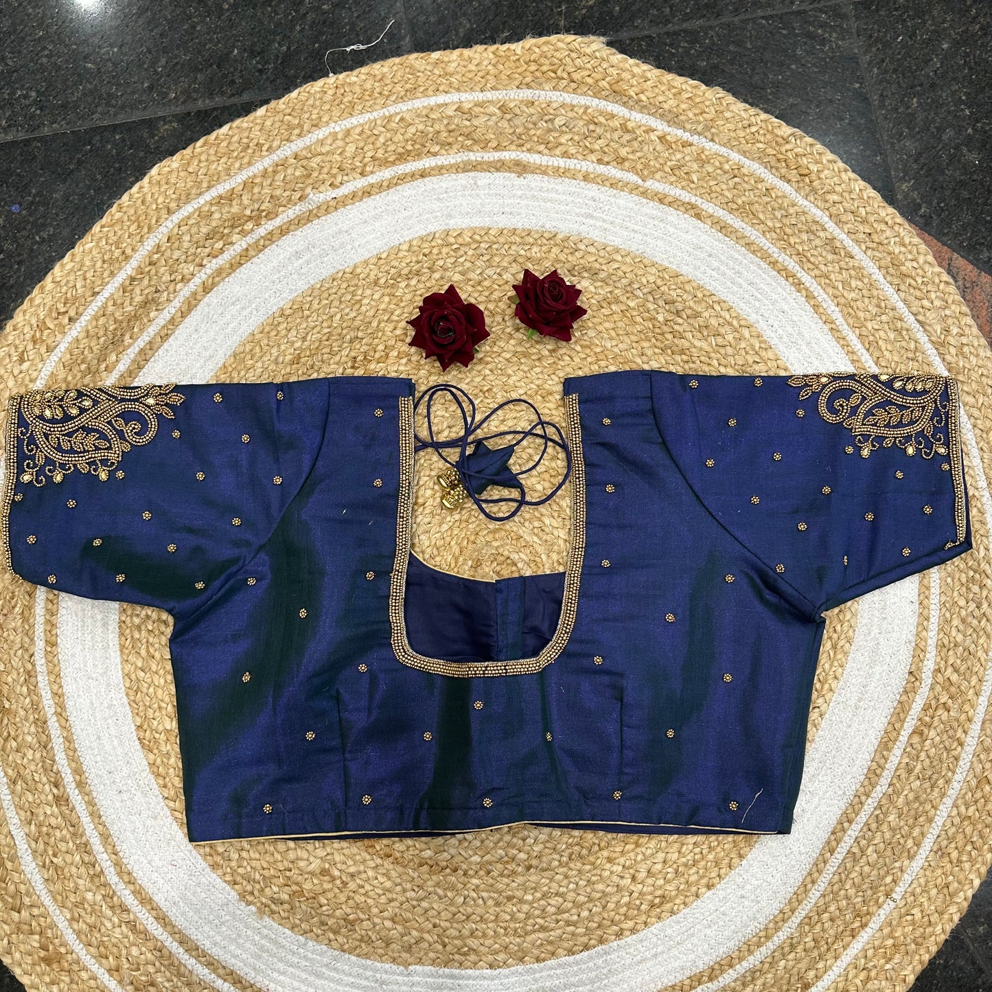 46” Size 16 Aari Worked Sari Blouse Indian Saree Top Silk Blue B411