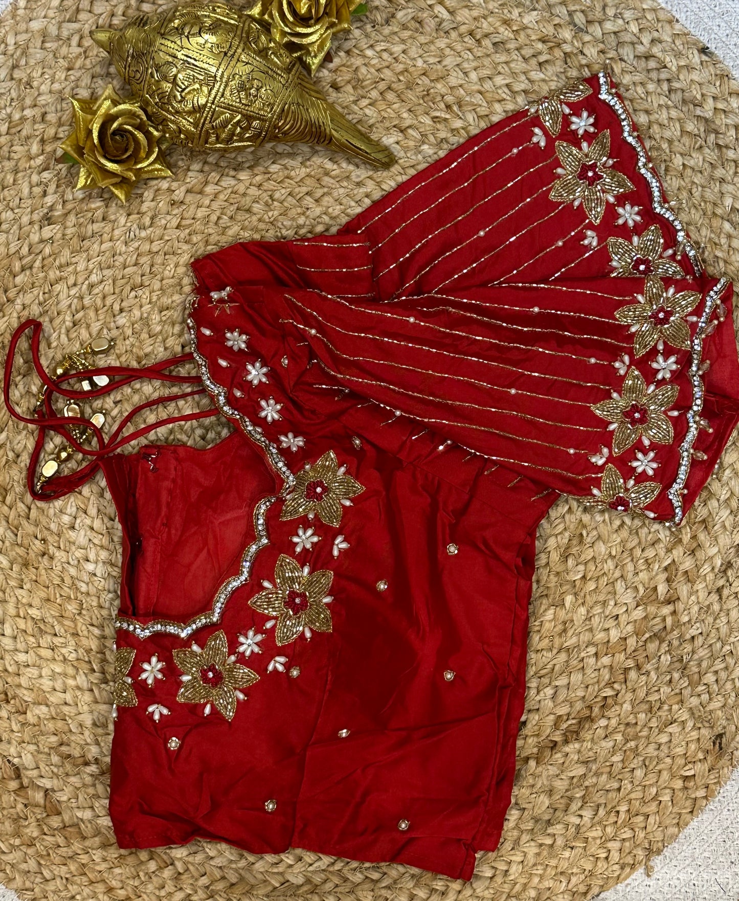 40” Size 10 Aari Worked Sari Blouse Indian Saree Top Silk Red B86