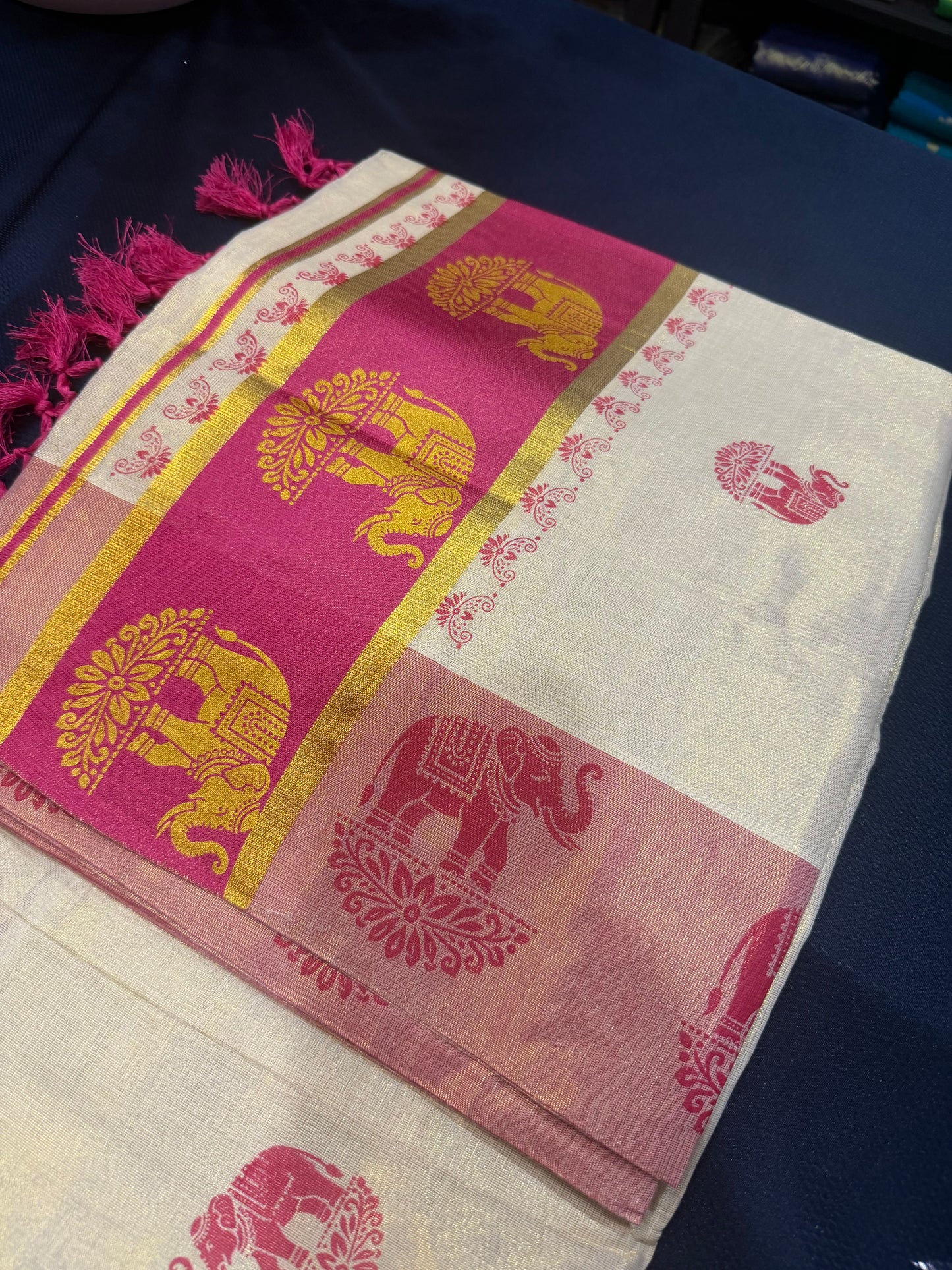 Pink Elephant Kerala Vishu Sari Indian Cream Tissue Saree C7