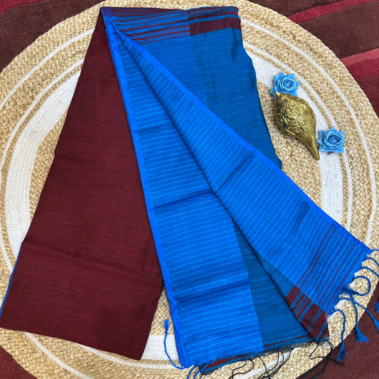 Maroon & Blue Soft Slab Cotton Linen Sari Indian Saree with temple border C1