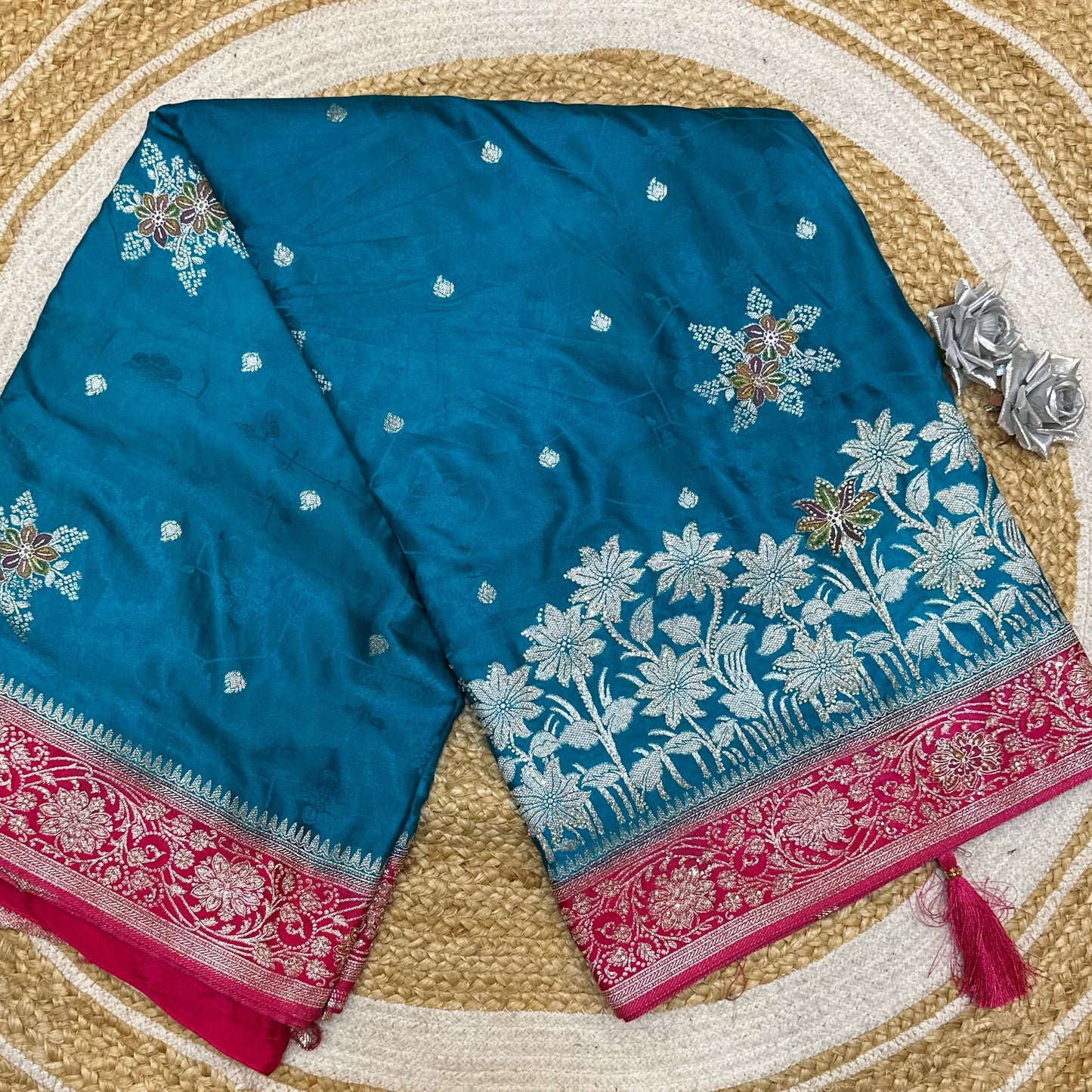Blue Pink Sari Indian Fancy Stonework Party wear Silk Saree S145