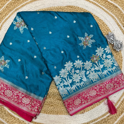 Blue Pink Sari Indian Fancy Stonework Party wear Silk Saree S145