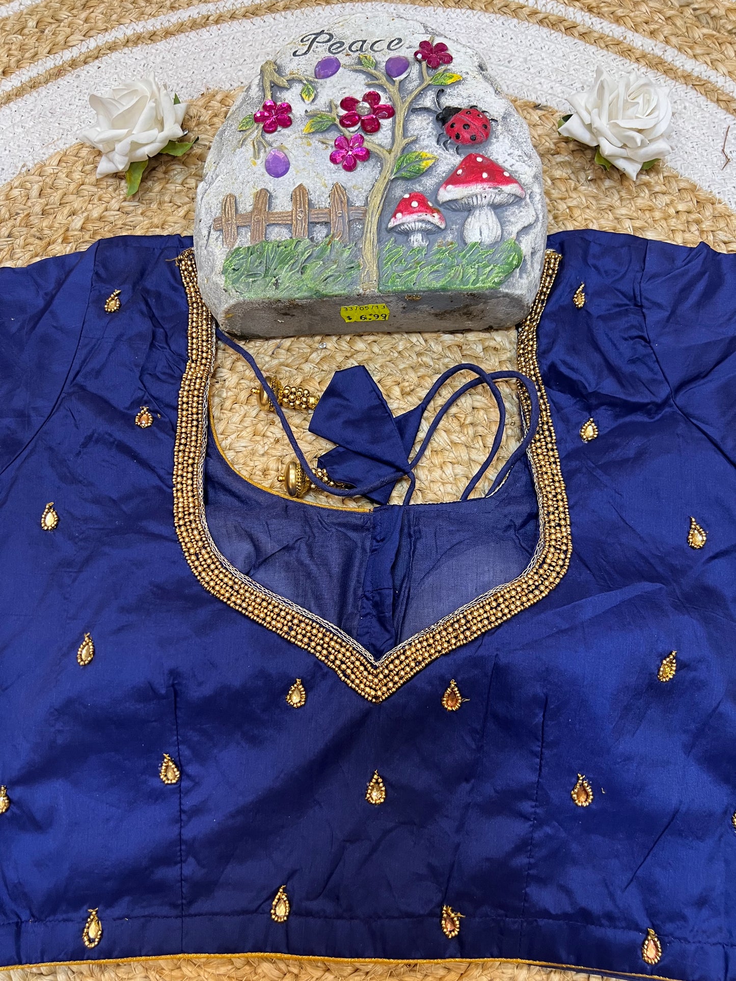 40” Aari hand Worked Sari Blouse Indian Top Choli Silk Blue B29
