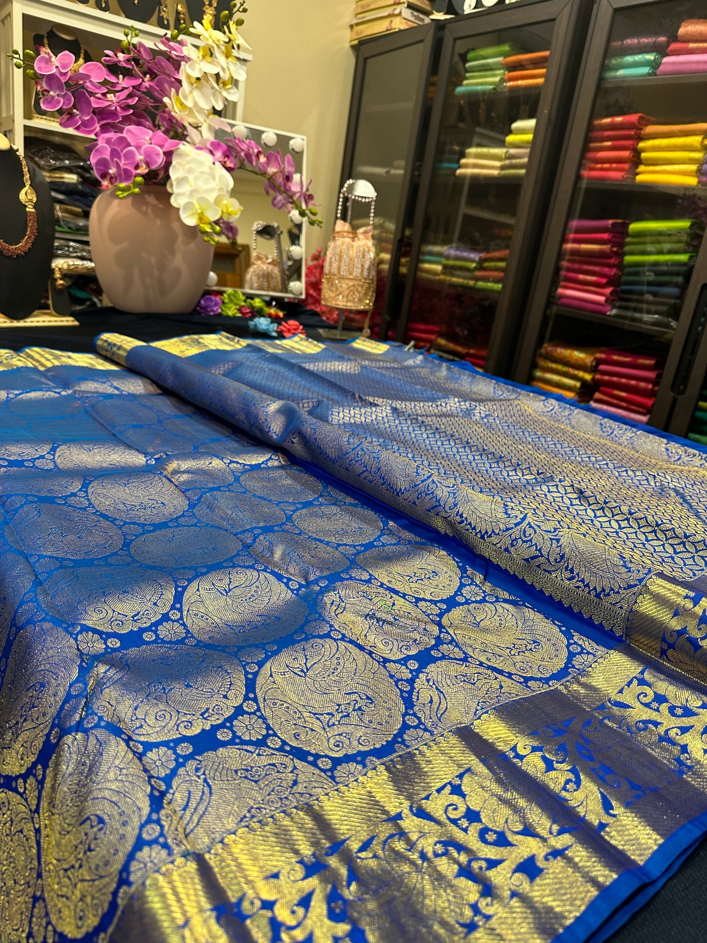 Kanchipuram Bridal Pure Silk Saree with Gold Zari Blue & Gold Sari| SPK084