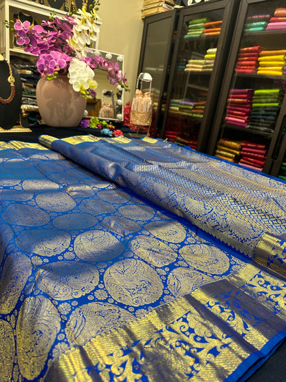 Kanchipuram Bridal Pure Silk Saree with Gold Zari Blue & Gold Sari| SPK084