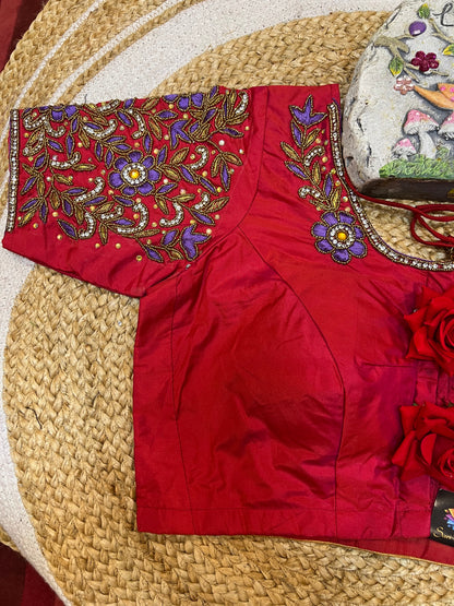 40” Aari hand Worked Sari Blouse Indian Top Choli Silk Red B32