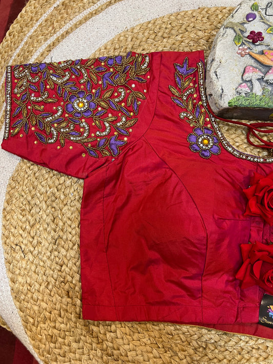 40” Aari hand Worked Sari Blouse Indian Top Choli Silk Red B32
