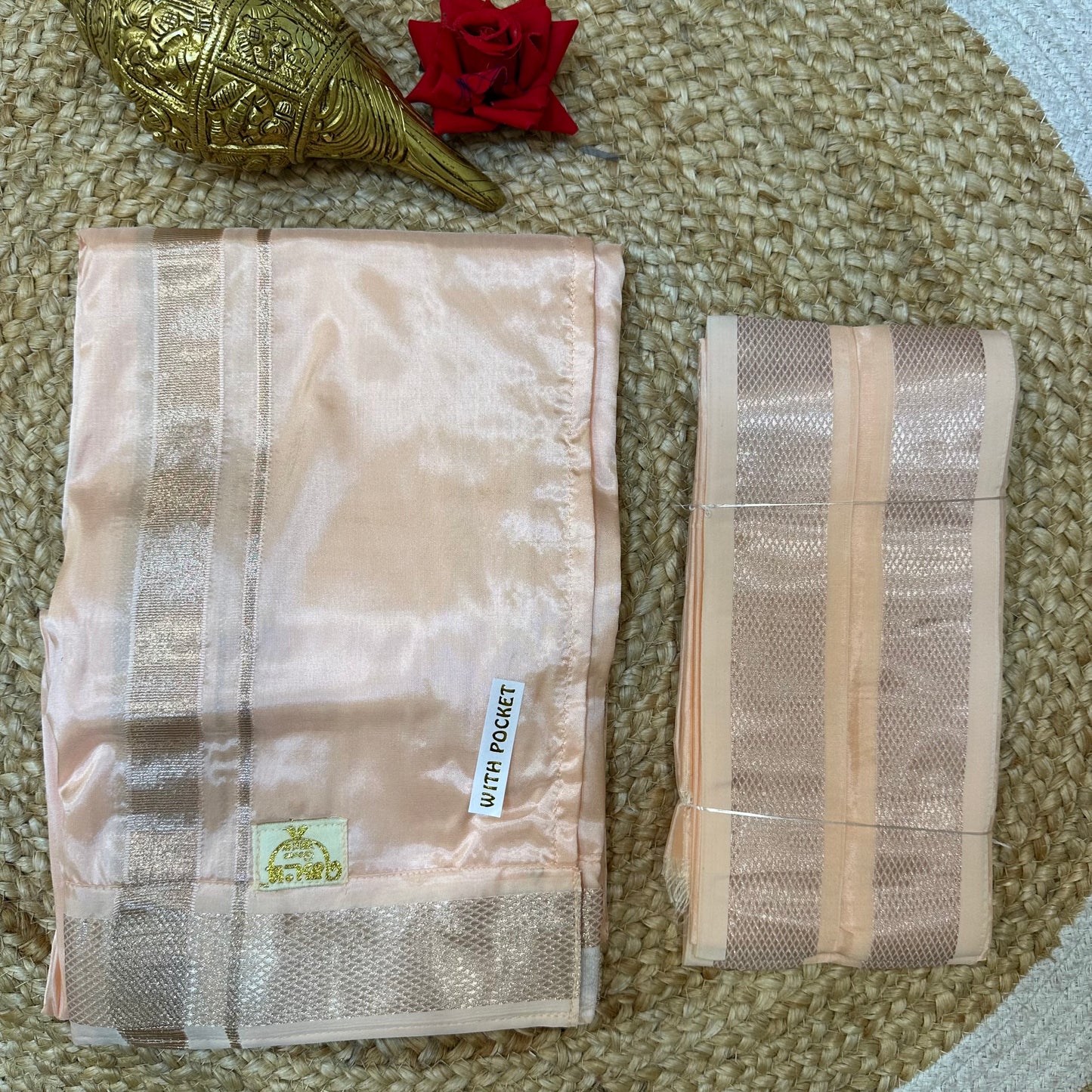 Medium Men’s South Indian Vesti Shirt Shawl Combo Semi Silk Dhotti V8