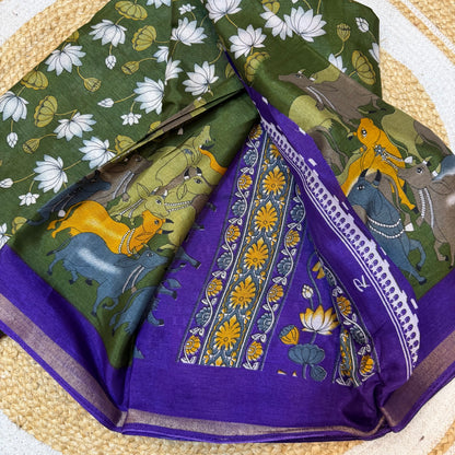 Green Indian Casual wear Saree Kalamkari Printed Sari S143