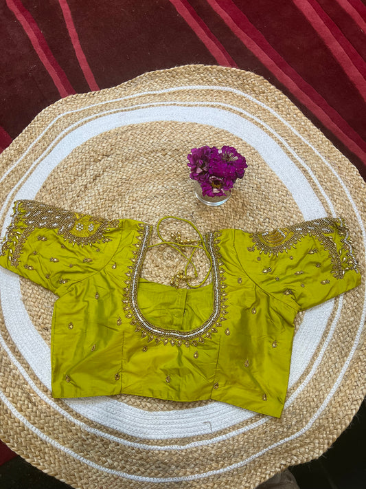 40” Aari hand Worked Sari Blouse Indian Top Choli Silk Lime Green B13