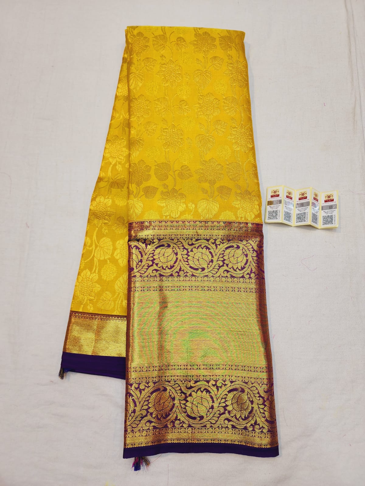 Korvai Kanchipuram Pure Silk Saree Mango Yellow & Purple Kanjivaram Sari| SPK110