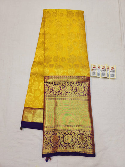 Korvai Kanchipuram Pure Silk Saree Mango Yellow & Purple Kanjivaram Sari| SPK110