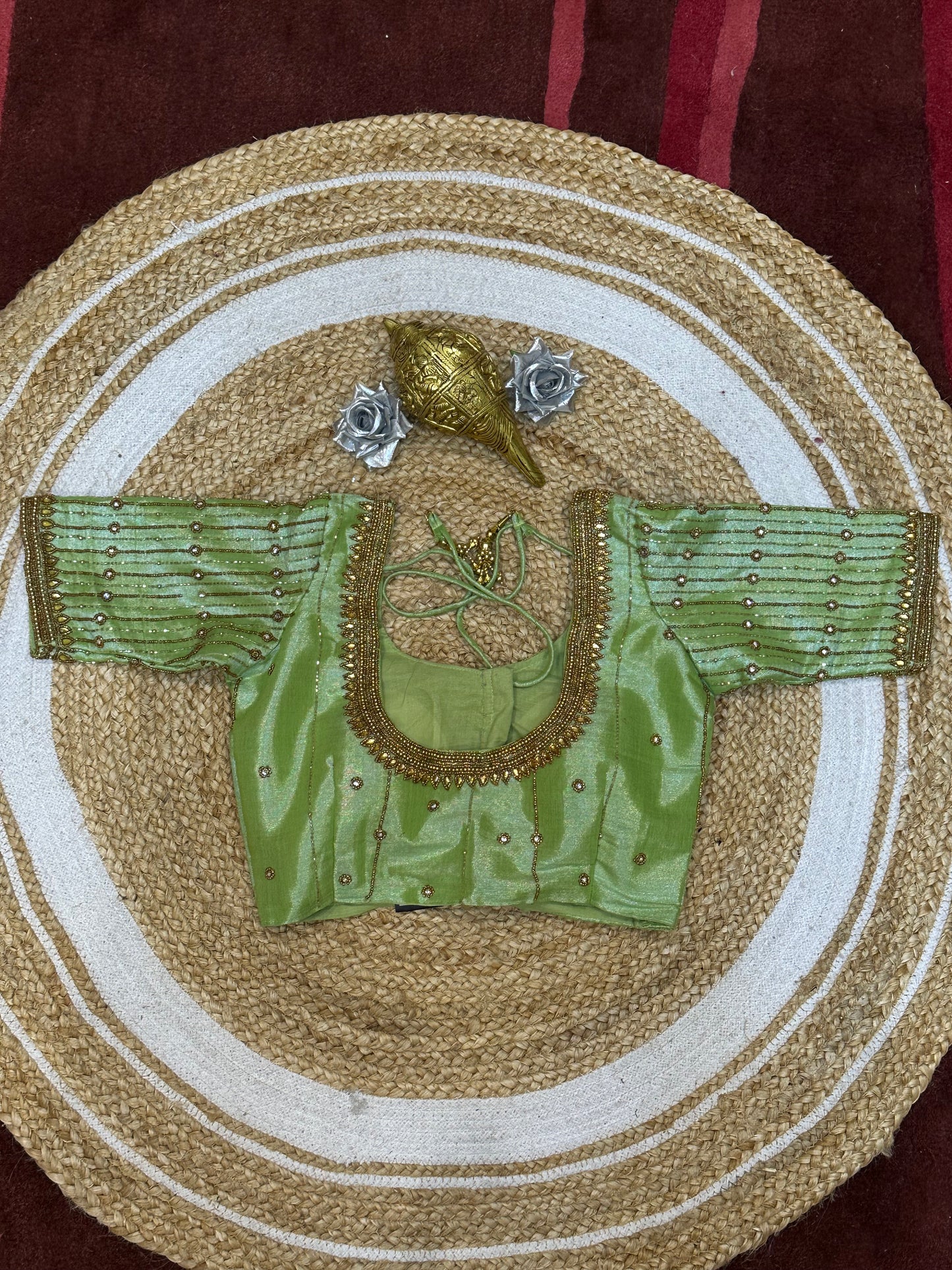 34” XS Aari Worked Sari Blouse Indian Saree Top Tissue Silk Green B112