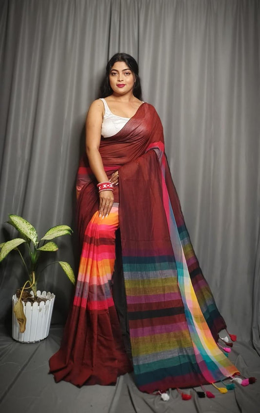 MUL Cotton Blue Rainbow Sari Indian casual Saree C25