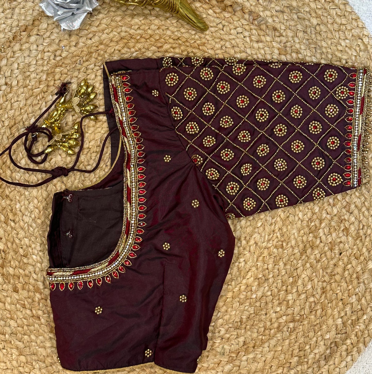 34” XSmall size Aari Worked Sari Blouse Indian Saree Top MAROON B142