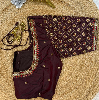 34” XSmall size Aari Worked Sari Blouse Indian Saree Top MAROON B142