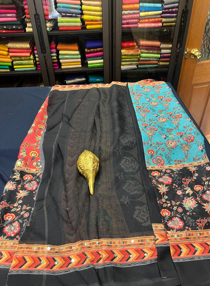 Black Multi Mirror Worked Masakali Sari Indian Fancy Saree C3