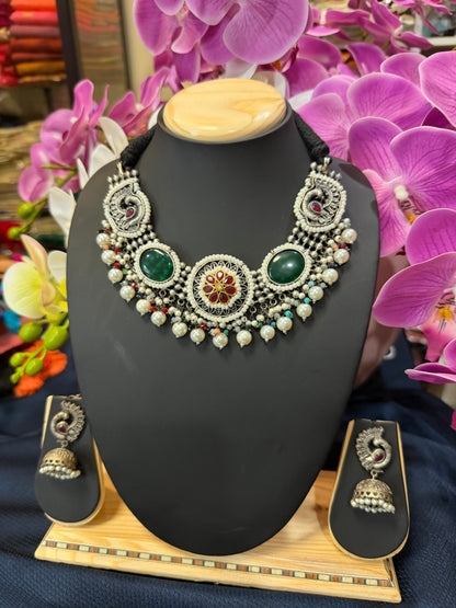 Handmade Brass Necklace with Silver polish Indian Tribal Green Jewellery N92
