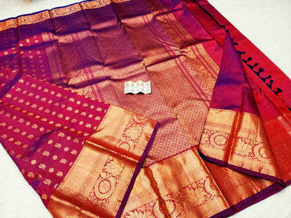 Bridal Kanchipuram Pure Silk Saree Wine Kanjivaram Sari| SPK173