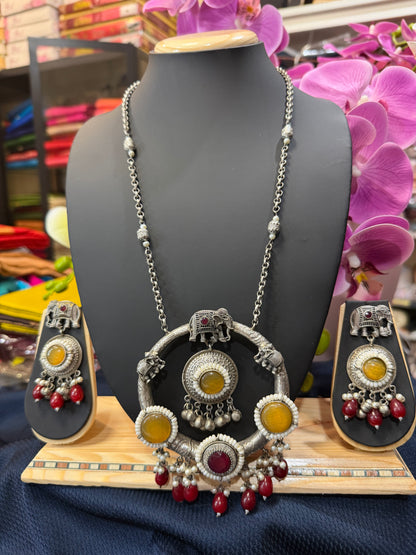 Handmade Brass Necklace with Silver polish Indian Tribal Mustard Maroon  Jewelry N90