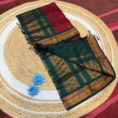 Maroon & Green Copper Kalyani Silk Cotton Sari South Indian Saree S140