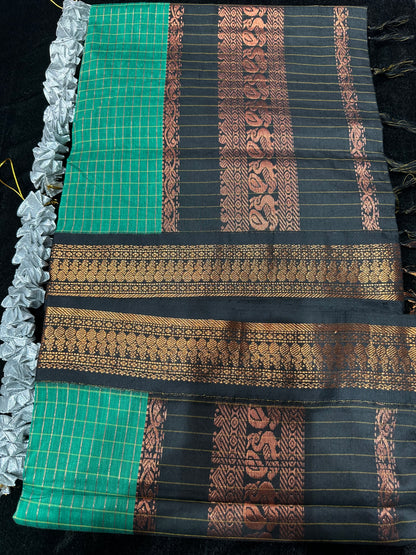 Kalyani Silk Cotton Sari Indian Saree Green & Black S140