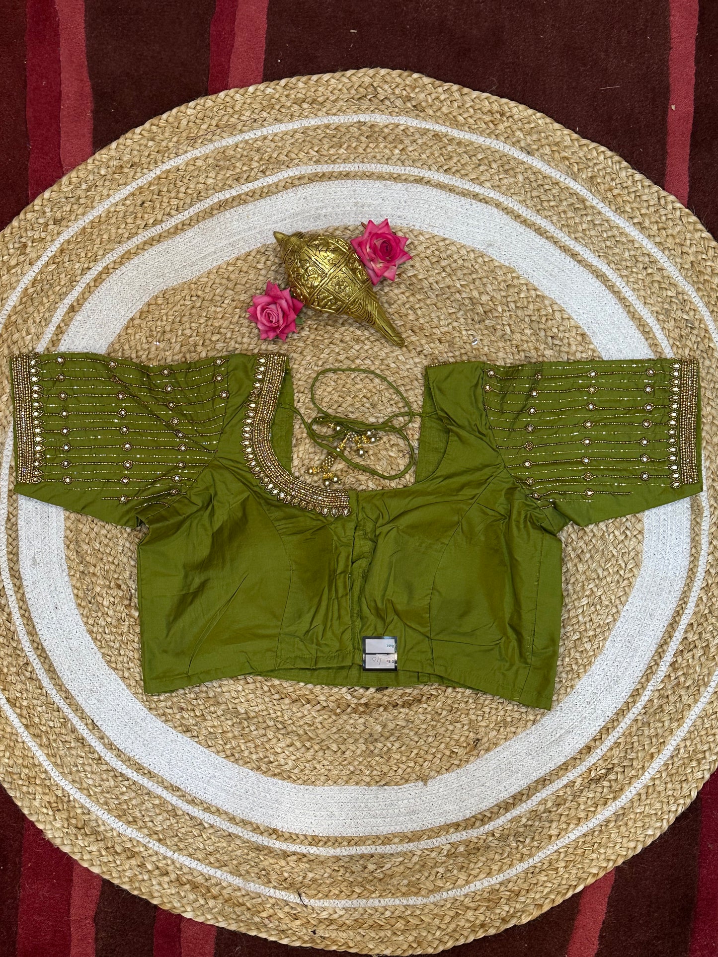 40” Size 10 Aari Worked Sari Blouse Indian Saree Top Silk Green B101