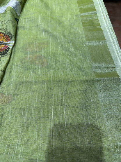 Khadi Soft Cotton Linen Sari Indian Saree Mint Green Butterfly S78