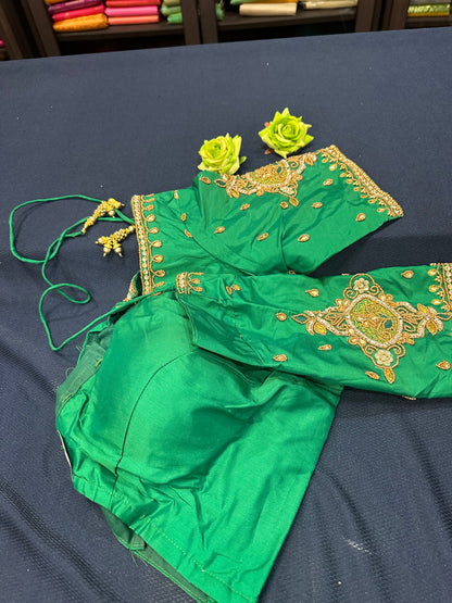 40” Aari hand Worked Sari Blouse Indian Top Choli Silk Green B5