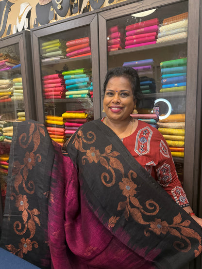 Soft Silk Cotton Linen Sari Indian Saree Copper Jari Magenta Pink Black S123