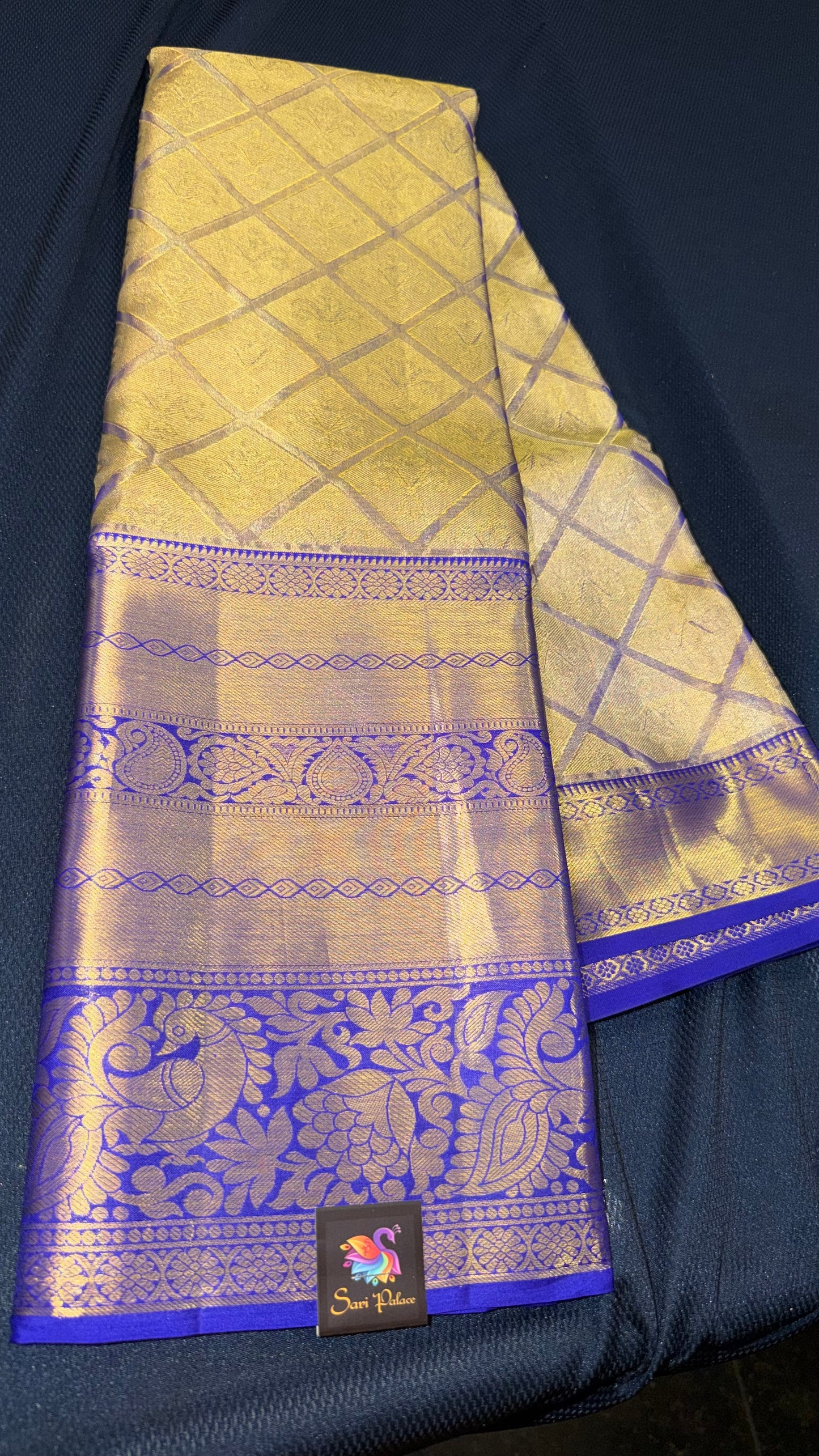 Kanchipuram Tissue Bridal Pure Silk Saree with Gold Zari Blue & Gold Sari| SPK098