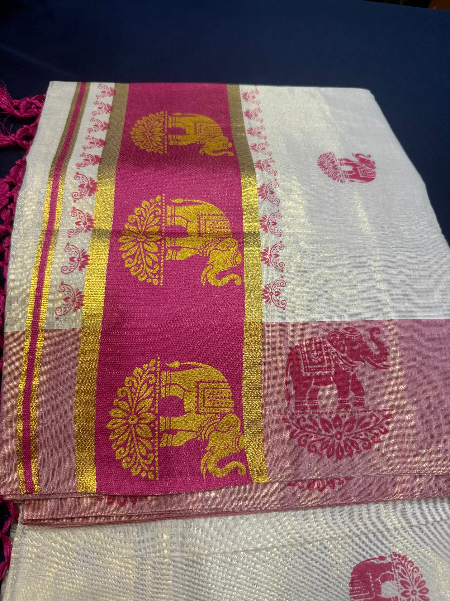 Pink Elephant Kerala Vishu Sari Indian Cream Tissue Saree C7