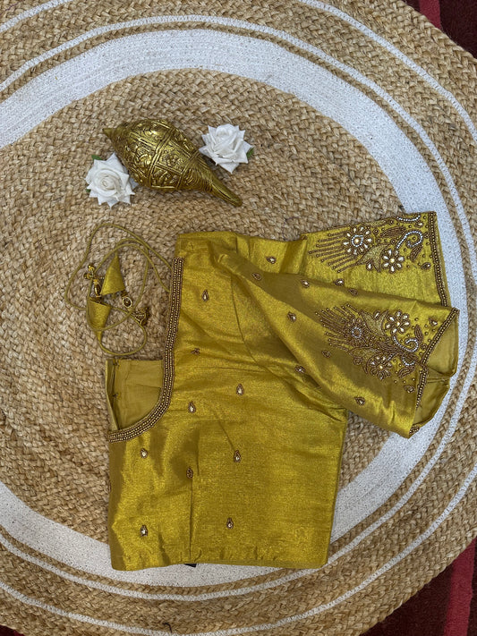 50” Size 20 Aari Worked Sari Blouse Indian Saree Top Silk Gold B50