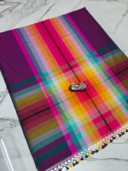MUL Cotton White Rainbow Sari Indian casual Saree C25
