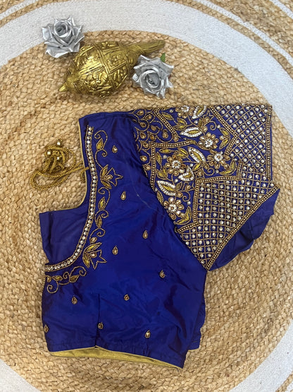 48” Size 18 Aari Worked Sari Blouse Indian Saree Top Silk Blue B130