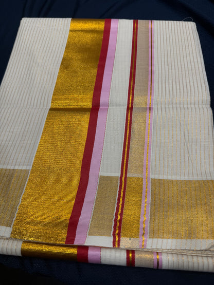 Kerala Vishu Sari Indian hand Printed Kasavu Onam Saree C21 Col 8