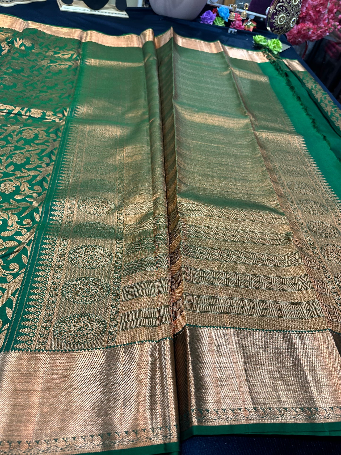 Kanchipuram Pure Silk Saree Green & Copper Kanjivaram Sari| SPK129