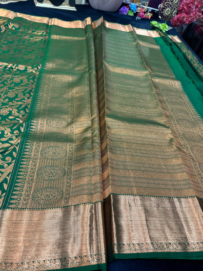 Kanchipuram Pure Silk Saree Green & Copper Kanjivaram Sari| SPK129