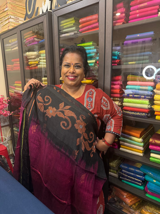 Soft Silk Cotton Linen Sari Indian Saree Copper Jari Magenta Pink Black S123