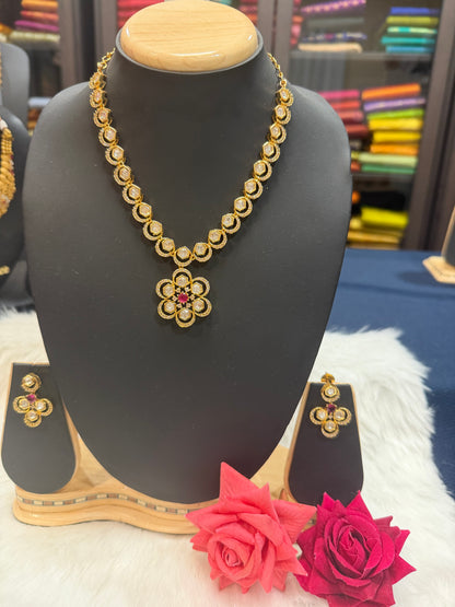 1 gram Gold Indian Necklace and Earrings set Ruby & White stones N6