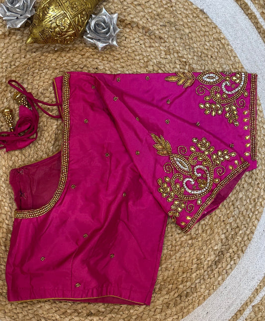 44” Size 14 Aari Worked Sari Blouse Indian Saree Top Silk Pink B133