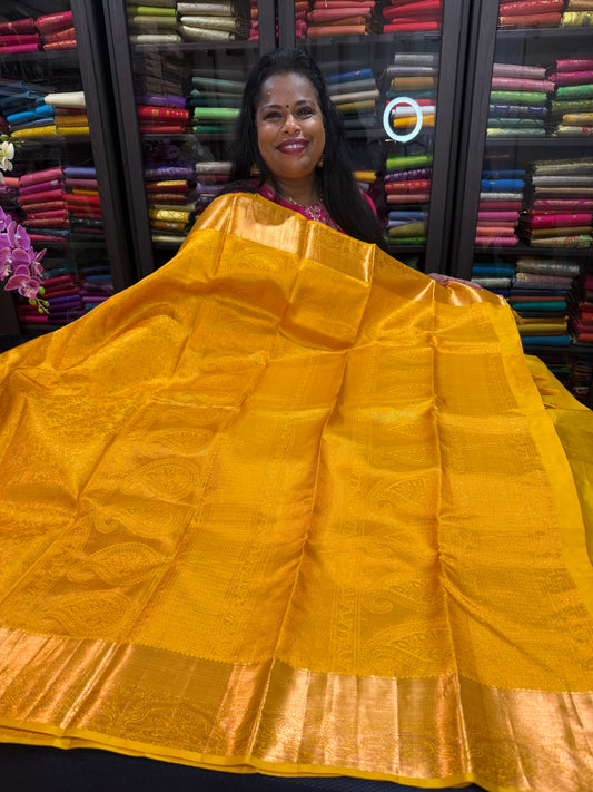 Kanchipuram Pure Silk handloom Bridal Saree Indian Kanjivaram Yellow Sari SPK367