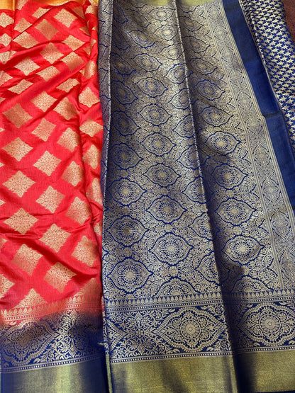 Bangalore Silk Sari Indian Fancy Saree Red & Blue S71