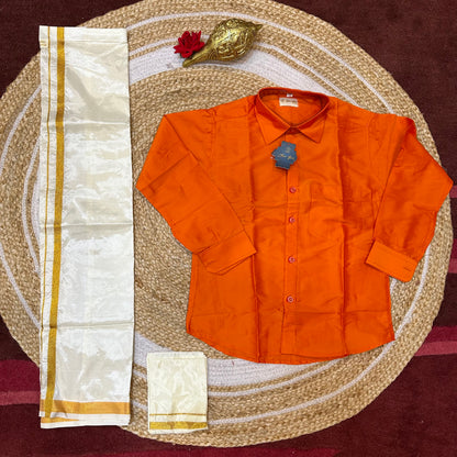 Kids Indian Boyswear Velcro Vesti & Shirt combo Orange Cream Dhotti V10