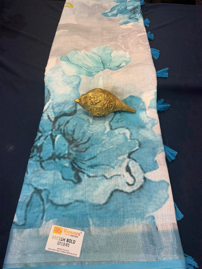 White & Green Digital Printed Linen Sari Indian casual Saree C5