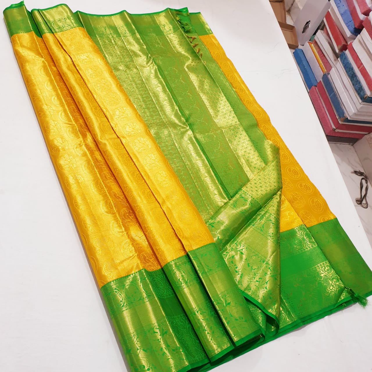 Bridal Kanchipuram Pure Silk Saree Yellow & Green Kanjivaram Sari| SPK180