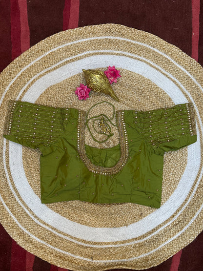 40” Size 10 Aari Worked Sari Blouse Indian Saree Top Silk Green B101